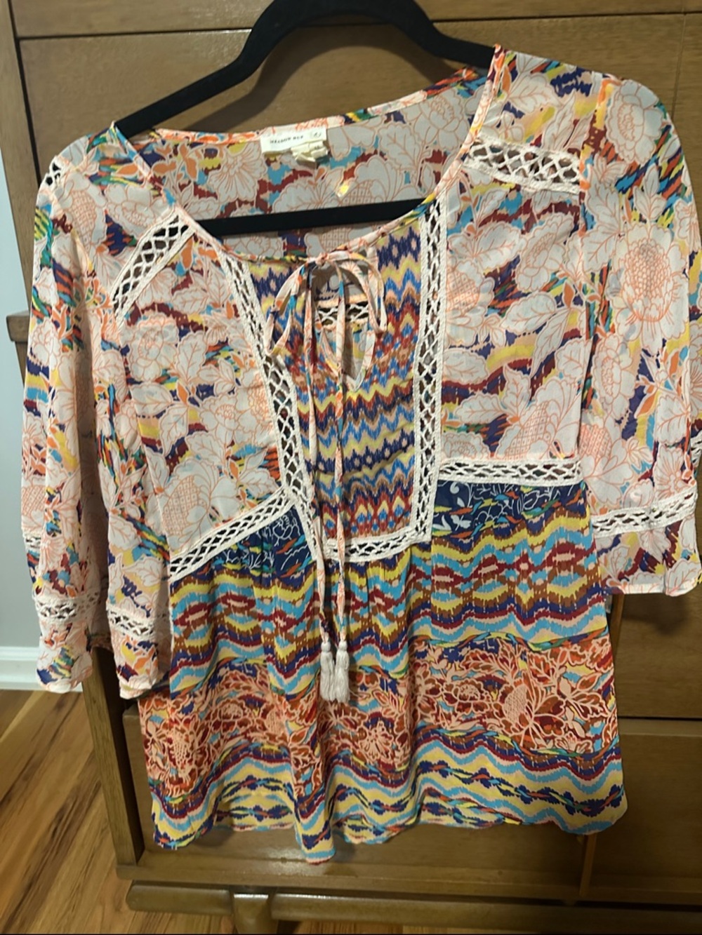 Meadow Rue from Anthropologie  Floral & Chevron Crochet-Trim Top